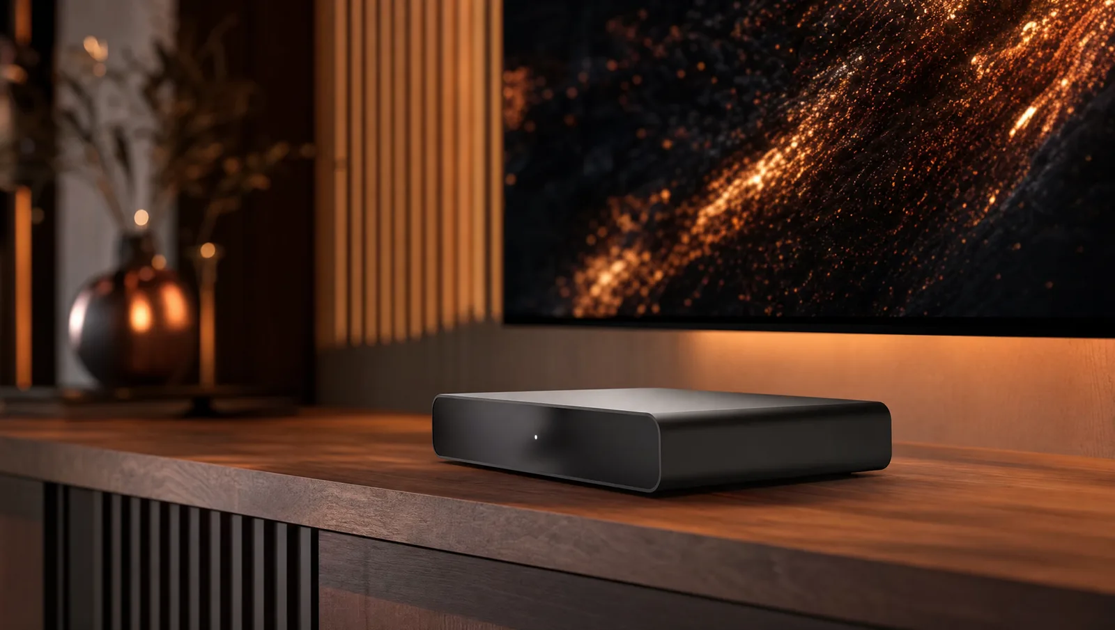 Plug-and-play IPTV box connected to a large TV glowing in a warm, dark living room, ready for live channels, sports and movies