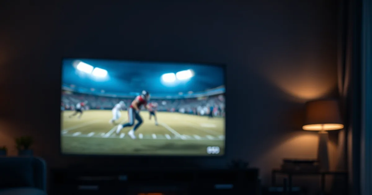 A dark Canadian living room at night with a 4K TV showing a live football broadcast, a streaming device connected by ethernet cable to a router in the background