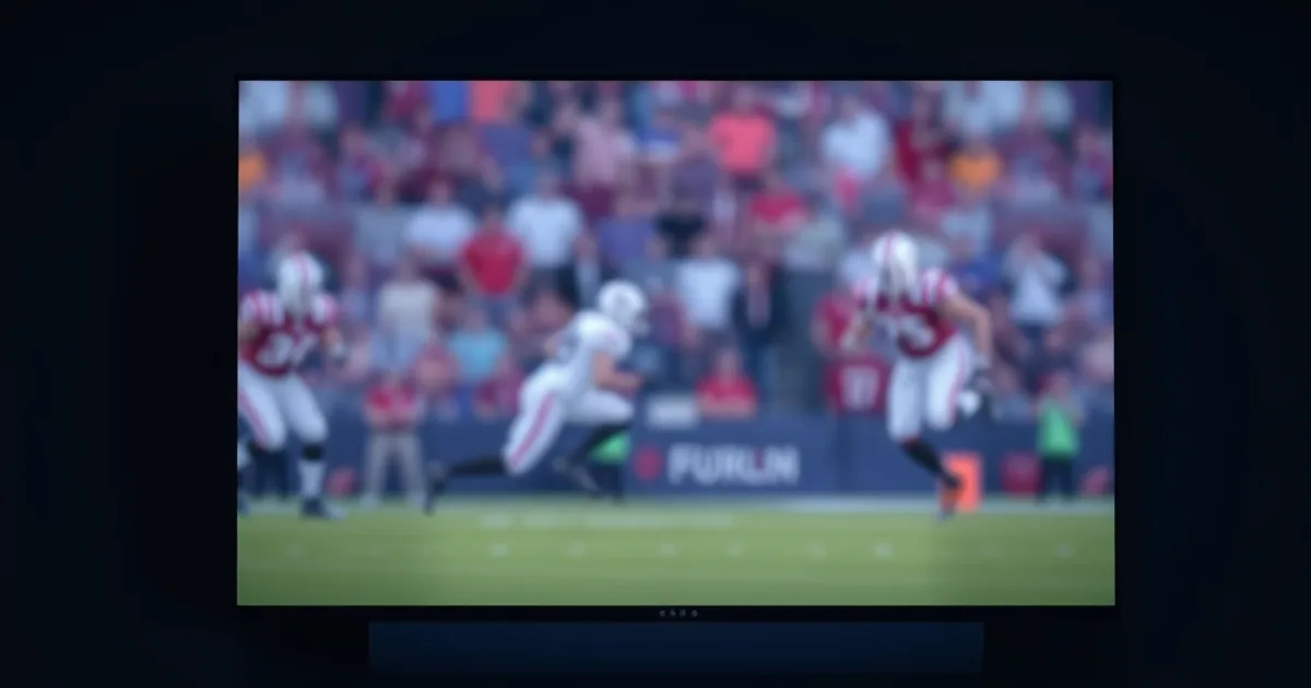A dark home theater setup with a wall-mounted TV playing a live football broadcast and streaming devices on the console below