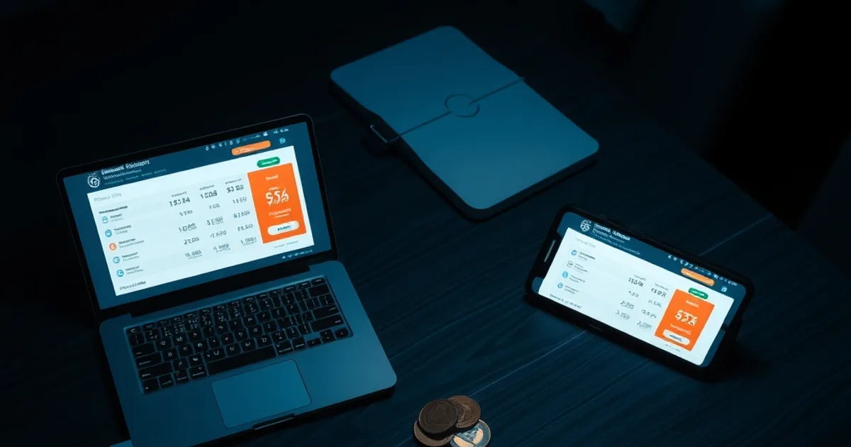 A dimly lit table at night with a laptop, phone, calculator, and Canadian coins next to a TV remote, evoking a household comparing IPTV subscription costs