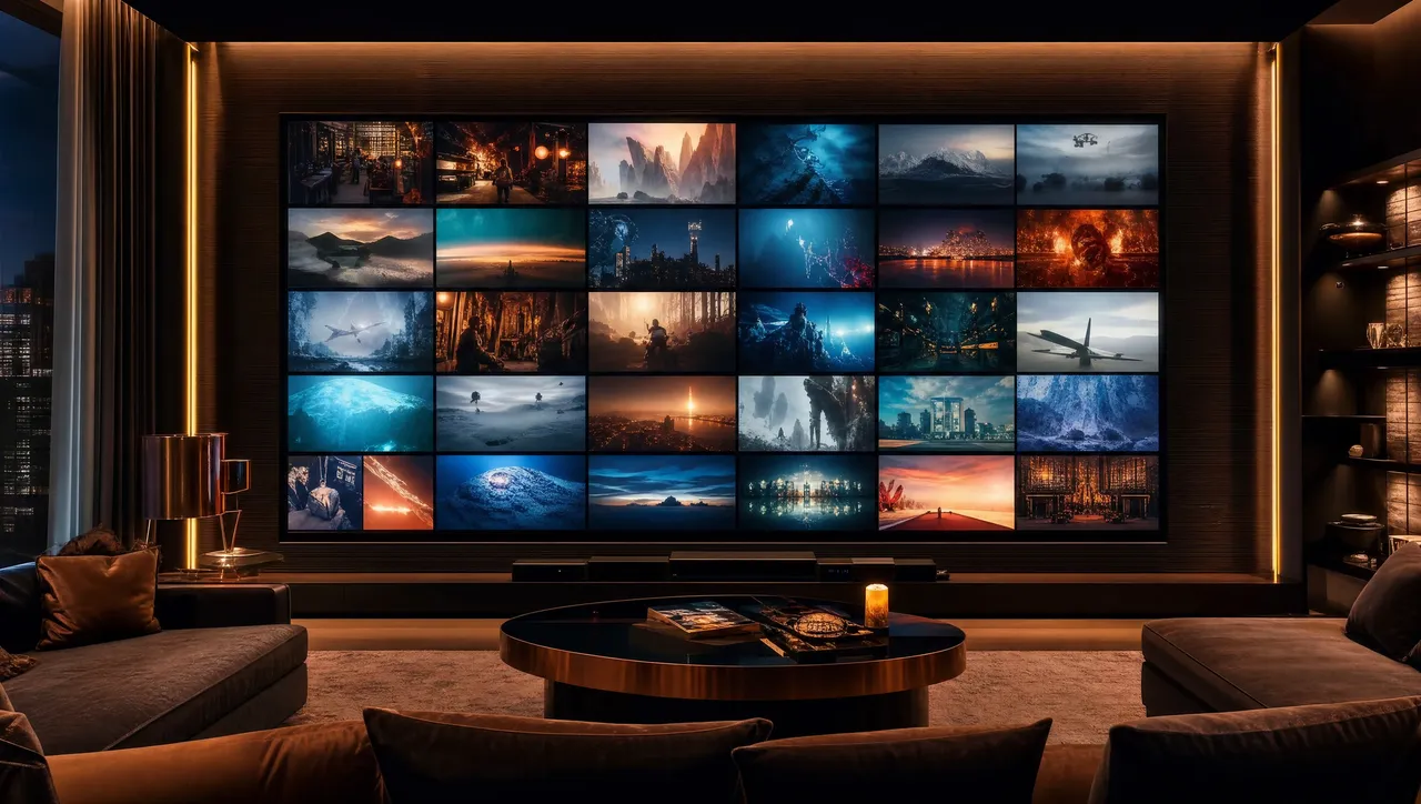 Wall of screens streaming content, illustrating an IPTV box on Smart TV and Fire TV Stick