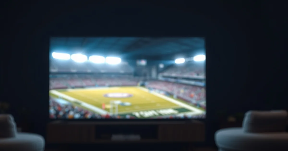 Dark living room with a TV showing a glowing NFL stadium field and a smartphone on the table displaying two abstract streaming app icons side by side