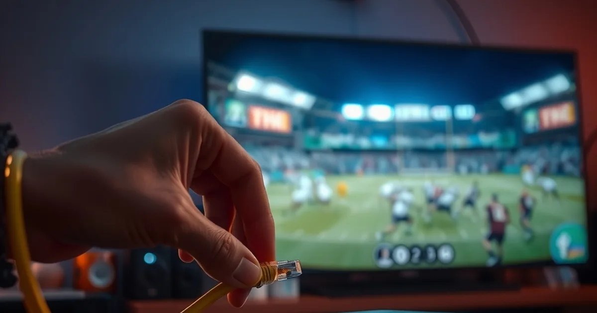 A hand plugging a yellow Ethernet cable into a streaming box, with a TV glowing behind it showing a live sports broadcast in a dark room.