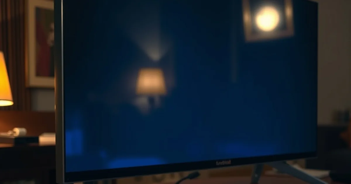 A small Android TV box with a glowing LED sits on a media console beneath a television in a dimly lit living room, cables visible in the background