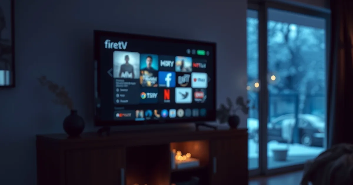 A dark, moody Canadian living room at night with a TV, tablet, and phone all glowing with streaming app interfaces, a remote control on a wood table in the foreground and snow visible through the window