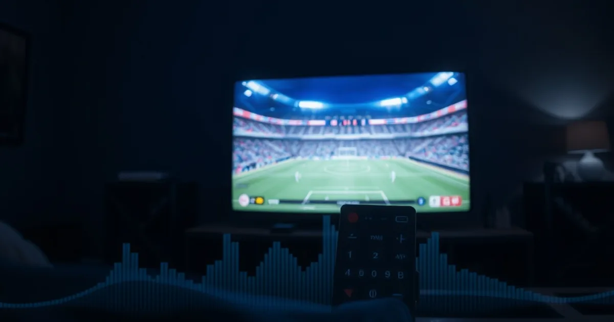A dark living room lit only by a TV showing a live football game, with a faint audio waveform ghosting slightly behind the video frame to suggest sync drift