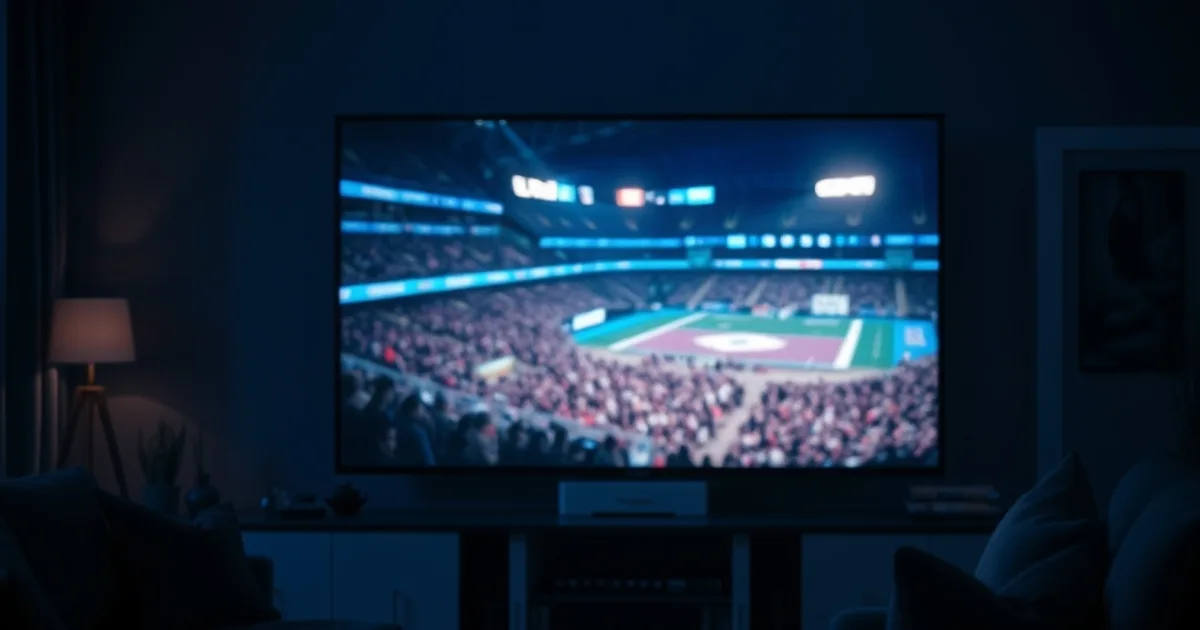 Dark, cinematic living room scene with a TV displaying a live regional sports broadcast and an IPTV streaming box glowing beneath it