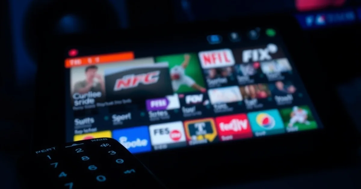 Close-up of a glowing electronic program guide grid on a tablet beside a TV remote in a dark room