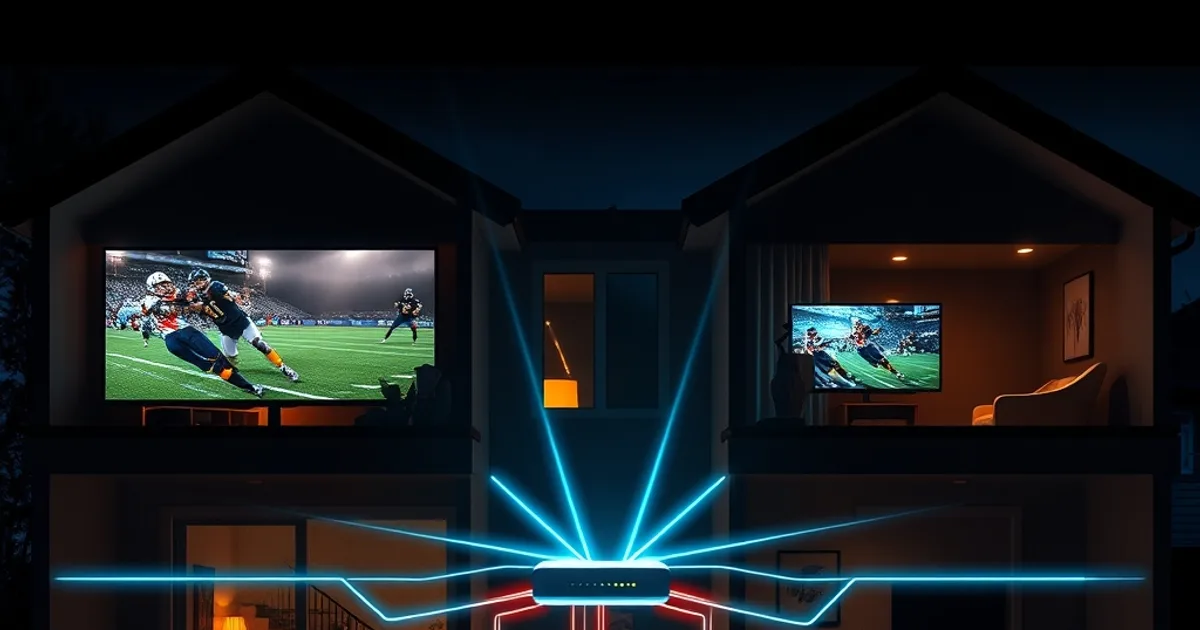 Cutaway view of a house at night with four rooms each showing a glowing TV screen connected by light trails to a central router