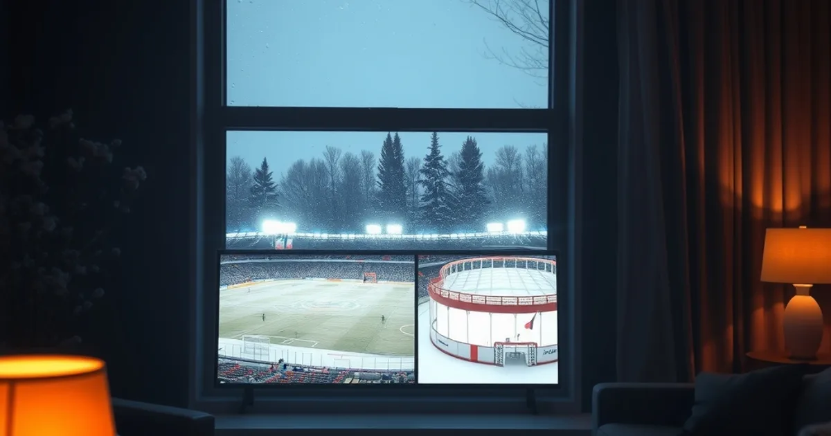 Dark Canadian living room at night with two glowing TV screens side by side, one showing a floodlit cricket stadium and the other an ice hockey rink, snow visible through the window
