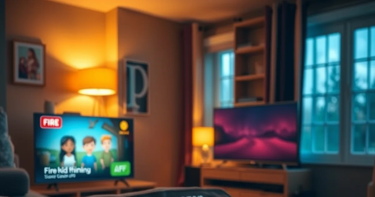 A dimly lit family living room with a TV glowing on a paused kids' cartoon, a streaming remote on the couch, and a tablet showing a settings screen in the foreground