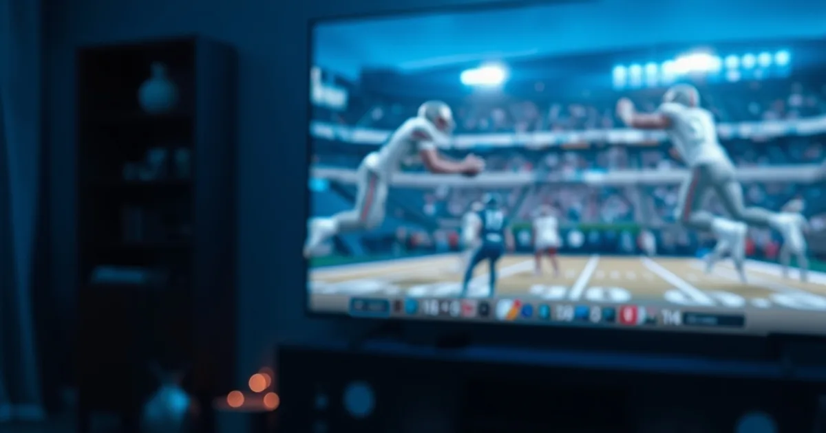 Hands connecting an HDMI cable to a sleek black IPTV box in a dim living room, with a football game glowing on the TV screen behind it