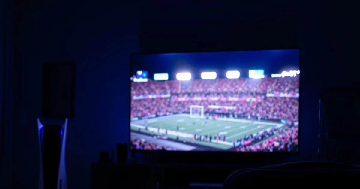 A darkened living room at night with a PlayStation 5 glowing beside a TV showing a blurred football stadium, a game controller resting on the couch in the foreground.