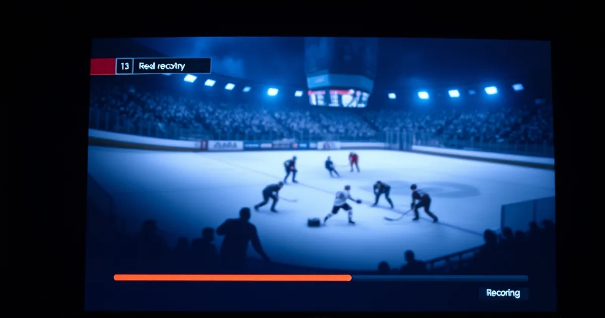 A dark home theater with a paused hockey game on screen next to a streaming box and external USB drive, lit in moody blue and amber tones