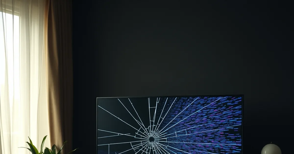 A cracked television screen glitching into static and pixel noise in a dark living room, half the picture dissolving with a faded 'connection lost' message, set beside a second screen glowing steady and sharp with a live sports broadcast, contrasting a vanished fake IPTV provider with a stable working stream