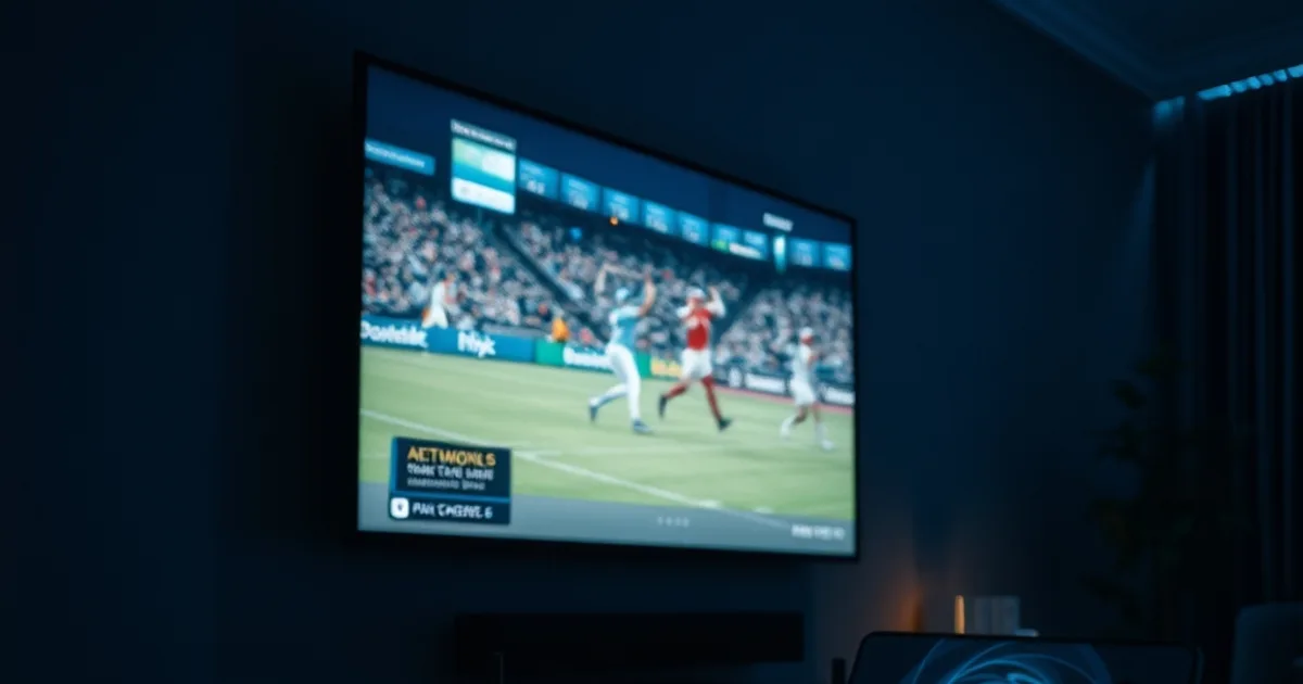 A dark modern living room at night with a wall-mounted TV showing a crisp sports broadcast above a streaming box and router with glowing status lights