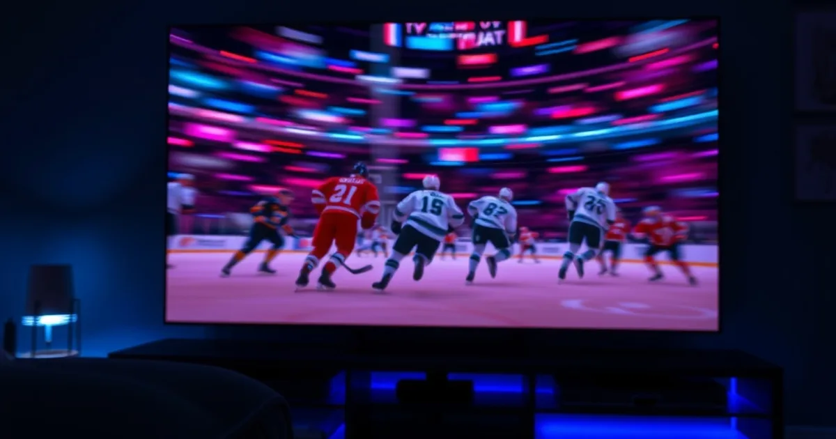 A TV in a dark living room showing a fast-moving hockey broadcast with visible pixelation artifacts breaking up the players' motion