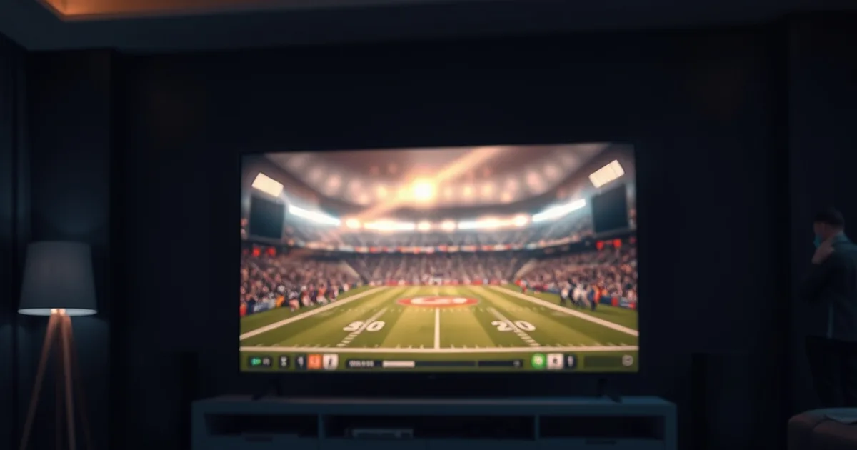 A dark living room lit by a TV showing a live football broadcast, with a streaming box and remote on the table in front of it