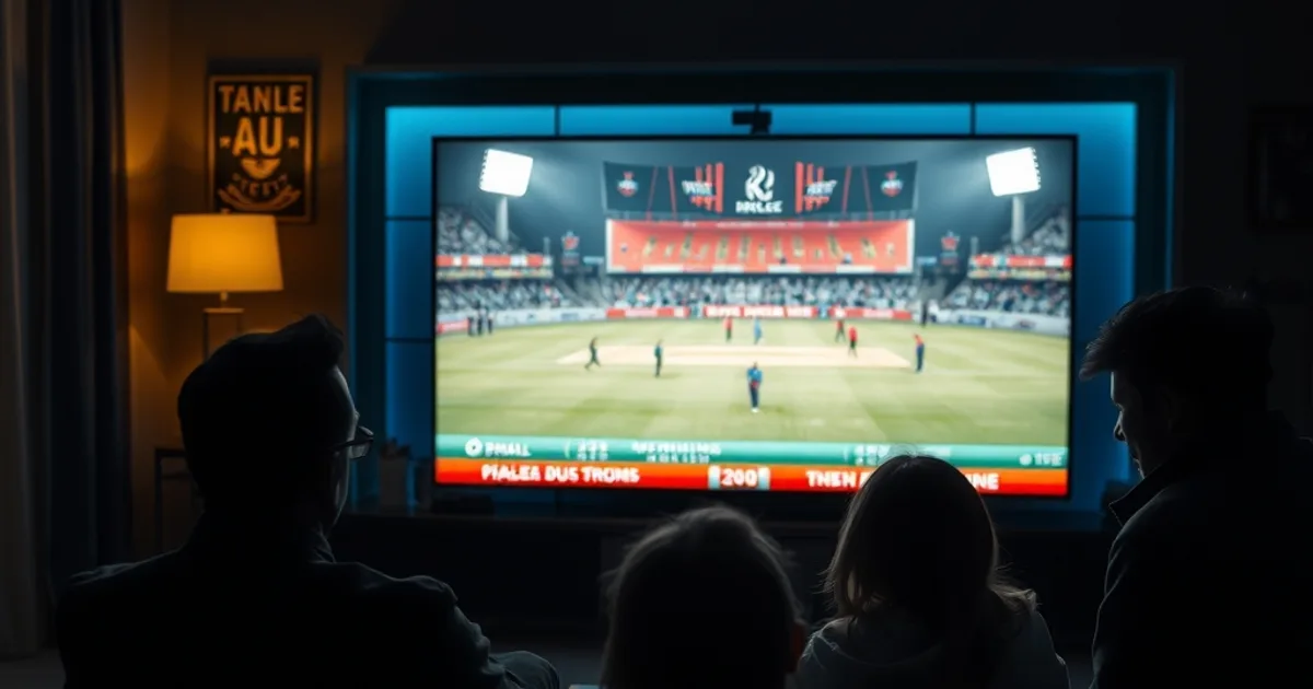 A family watching a live cricket match on a glowing TV in a dark Canadian living room at night, snow visible through the window
