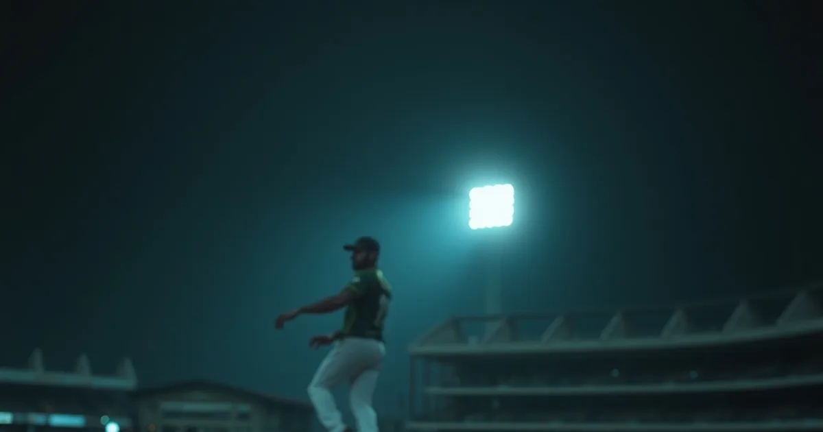Floodlit cricket stadium at night with a bowler mid-delivery, viewed past a glowing streaming device screen in the foreground
