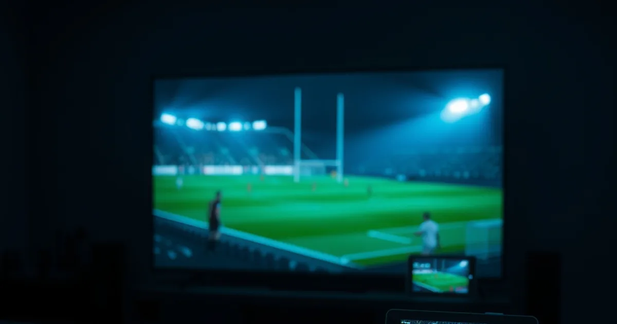 Dark home theater room with a TV showing a football game and a tablet showing a soccer match, both glowing in a dim living room
