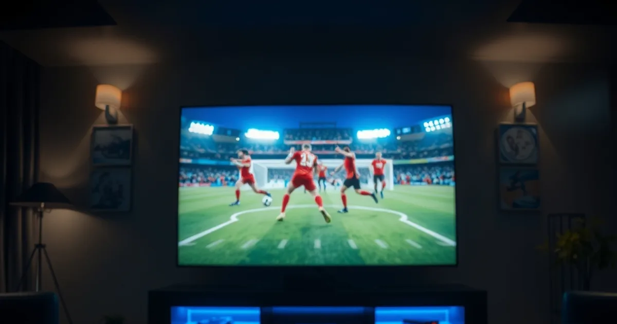 A dark living room lit by a TV showing a live football broadcast, with a stopwatch and remote on the table, evoking a hands-on subscription test