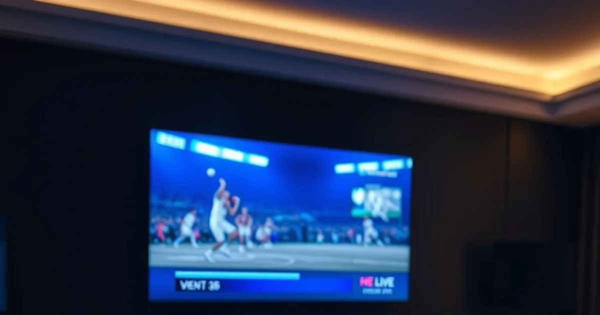 A dark home theater at night with a wall-mounted TV glowing from a paused live sports broadcast and a streaming remote in the foreground