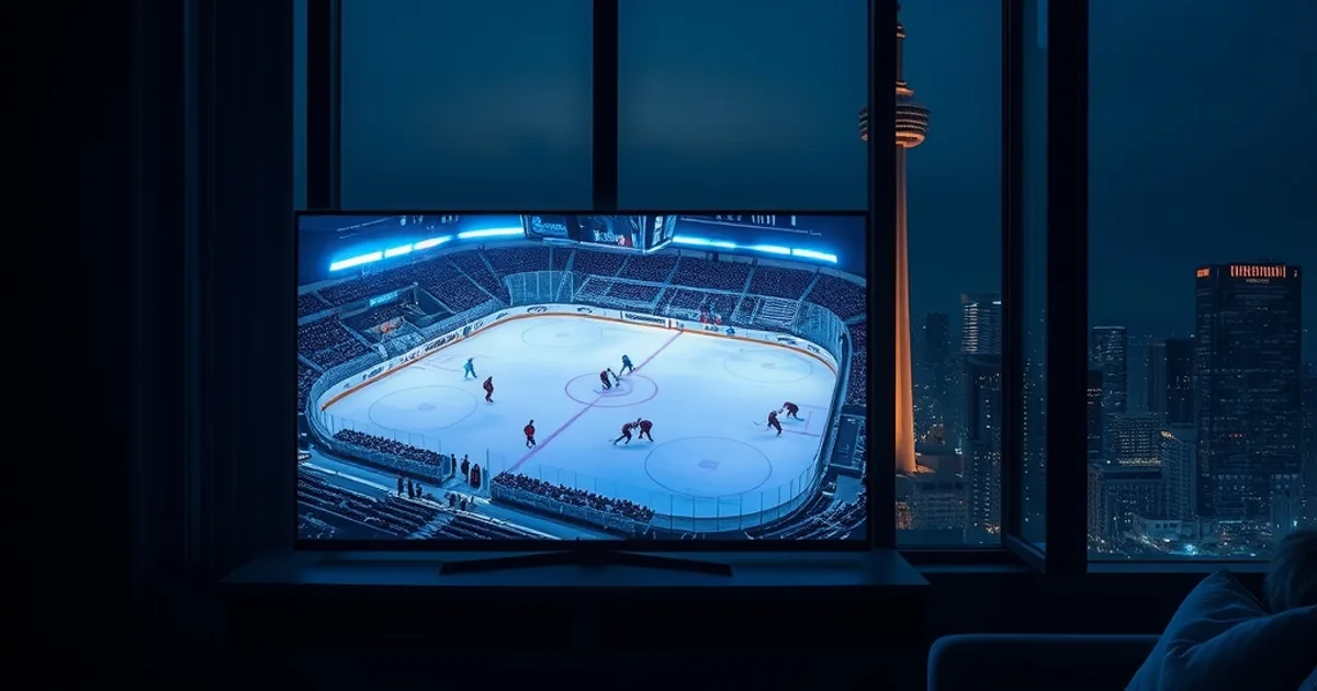 A dark Toronto condo living room at night, a TV glowing with a live hockey broadcast and the CN Tower visible through the window behind it
