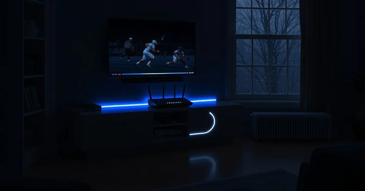 A dark living room at night with a TV showing a buffering sports broadcast, a glowing blue light trail connecting a router to the screen suggesting an encrypted VPN tunnel
