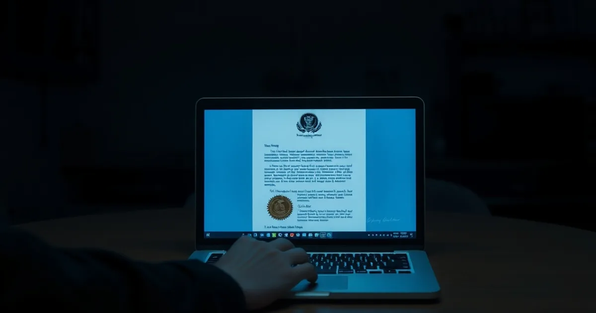 A person sitting alone at night, reading a formal notice letter glowing on a laptop screen in a dark room