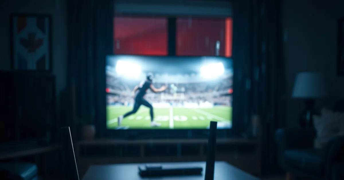 Dark cinematic living room at night with a football game glowing on the TV and a router's Ethernet cable pulsing with light, evoking ISP network traffic inspection during a live game.