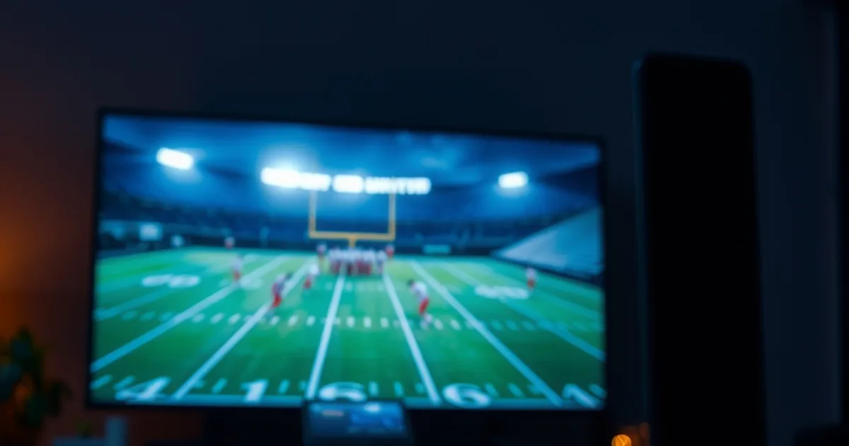 Dark cinematic home theater setup with a streaming device and Ethernet cable in focus before an NFL game on the TV