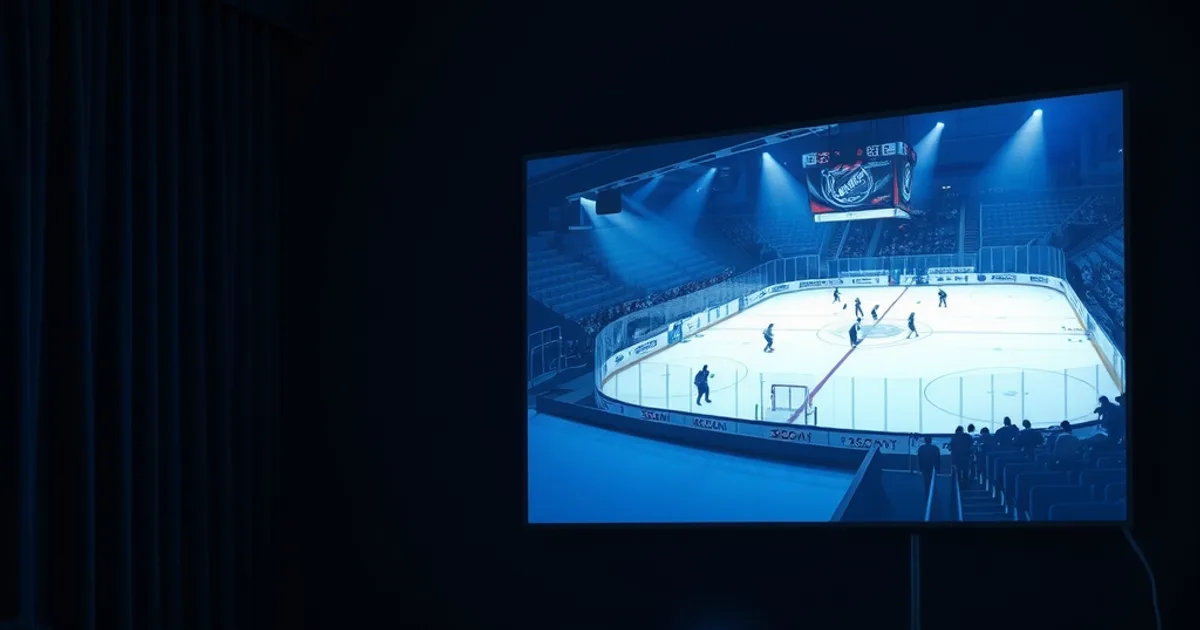 A dark living room lit by the glow of a TV showing a live hockey broadcast, with a small IPTV box and Ethernet cable visible on the media console below