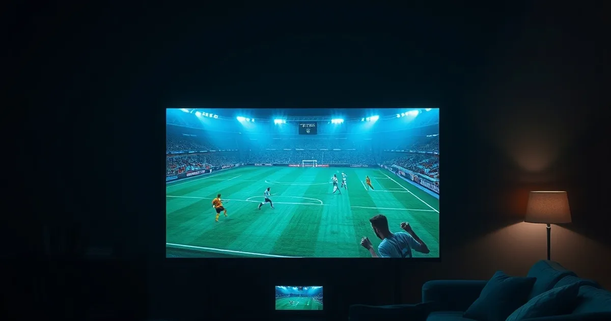 A dark, softly lit living room with a large television showing a live soccer match and a second smaller screen glowing nearby, set up for multi-room Premier League viewing