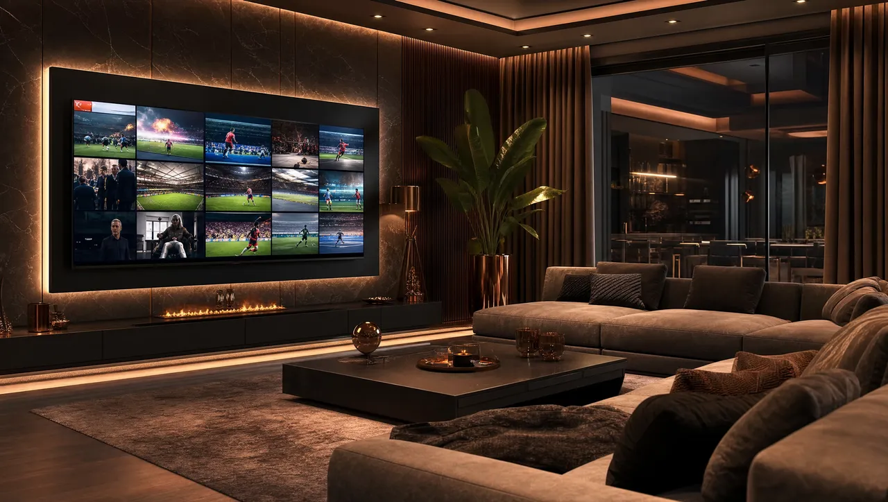 TV in a living room showing live channels, sports and movies together through a single IPTV box