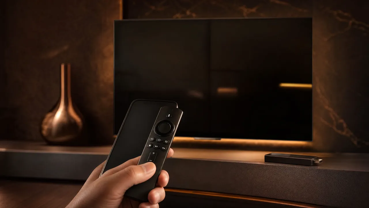 Remote in front of a TV, illustrating the simple setup of an IPTV box, Android TV box and Fire TV Stick