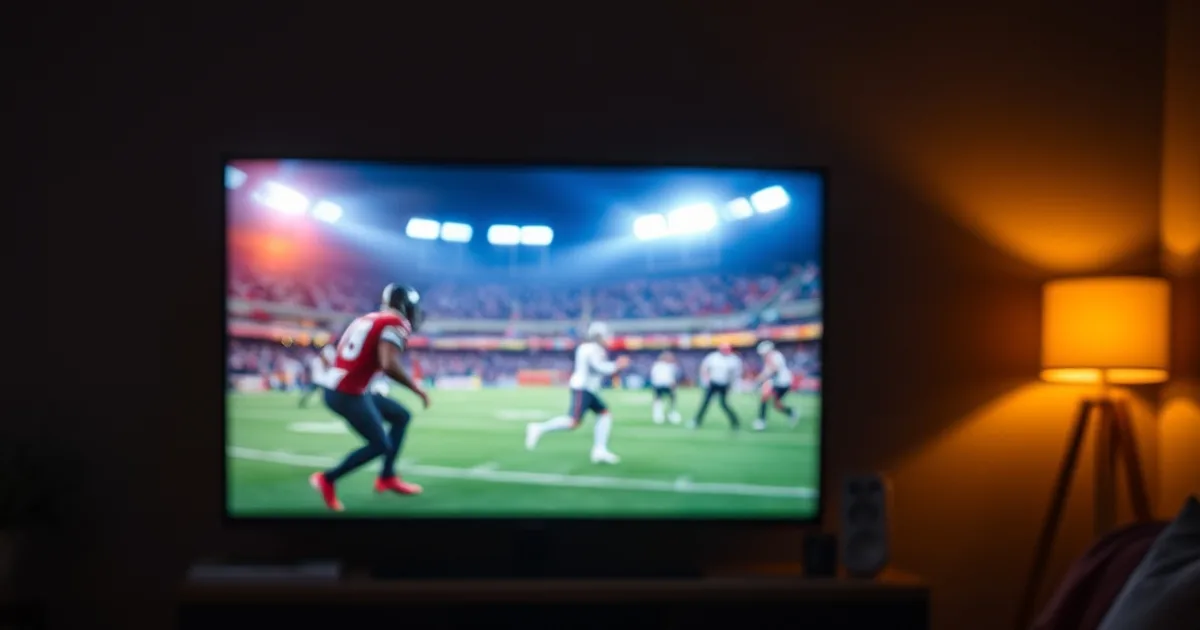 A dark living room at night lit by the glow of a television showing a live football broadcast, with a streaming box and router visible on the media console
