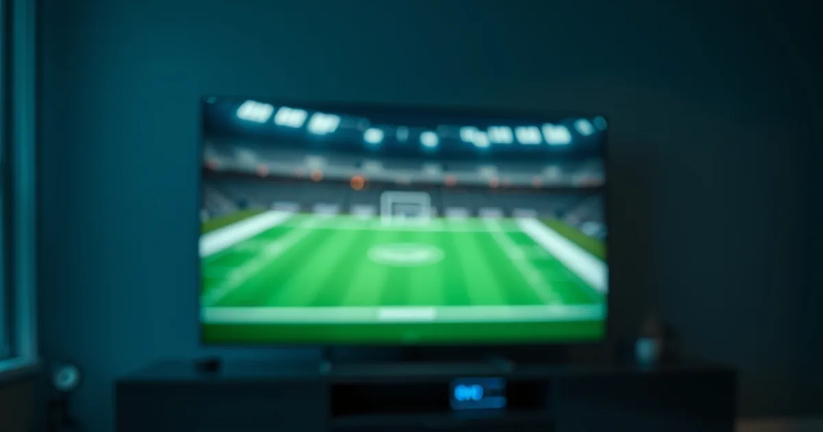 Dark living room at night lit by a TV showing a blurred football field, with a streaming remote control and a router glowing faintly in the background