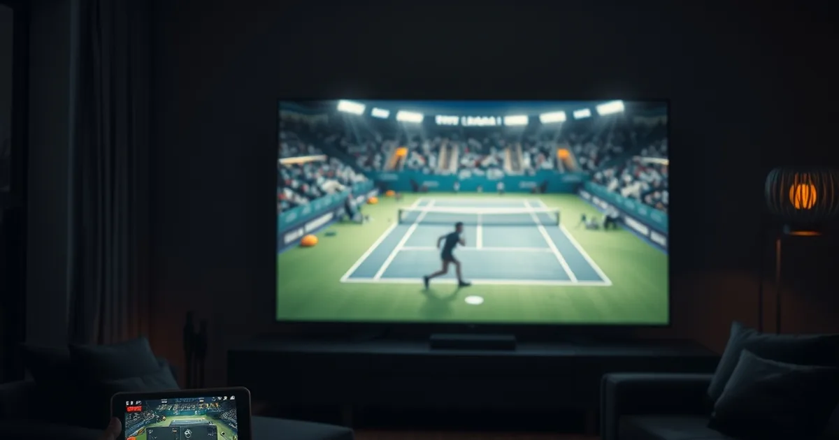 Dark living room at night with a large 4K TV showing a tennis match and a tablet glowing with live stats on a side table
