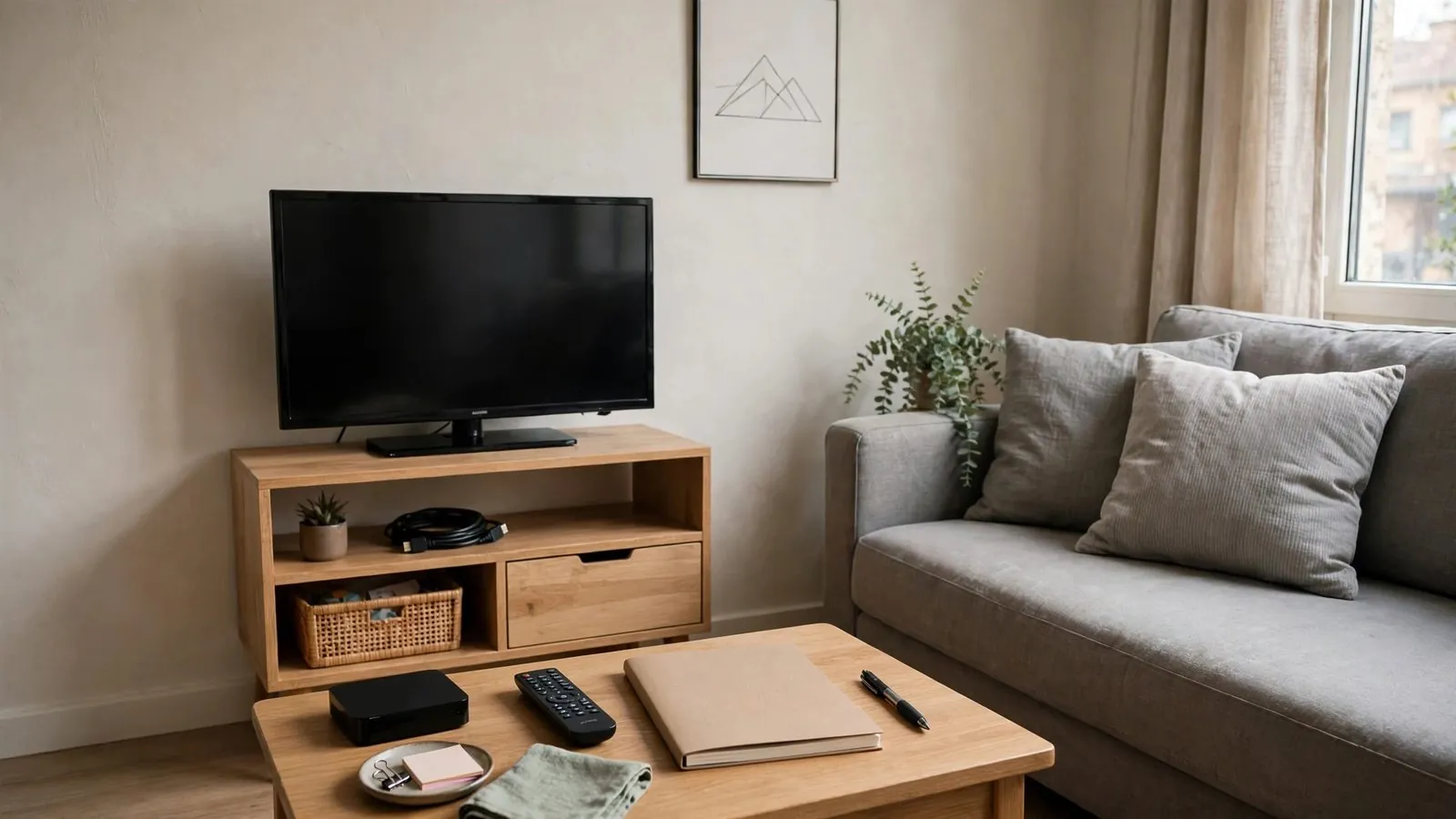 Compact living room layout presenting a fabric sofa opposite an unpowered television set.